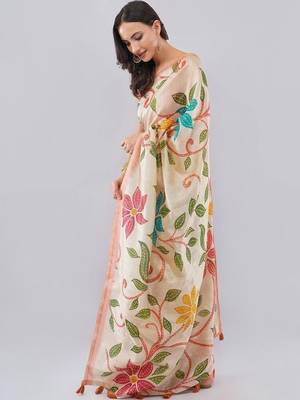 Cream silk blend printed saree with blouse 3