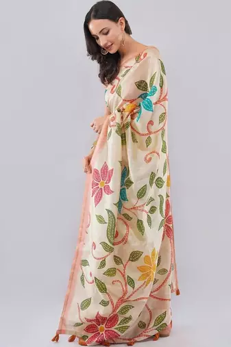 Cream silk blend printed saree with blouse