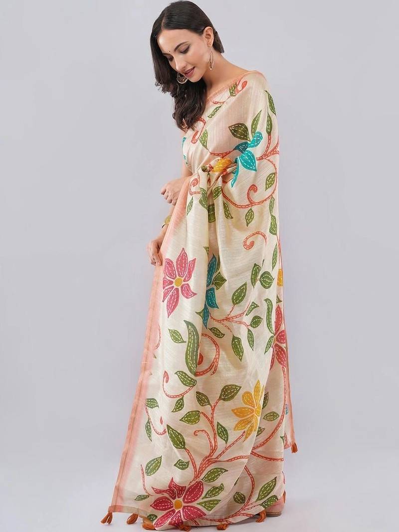 Cream silk blend printed saree with blouse