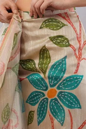 Cream silk blend printed saree with blouse