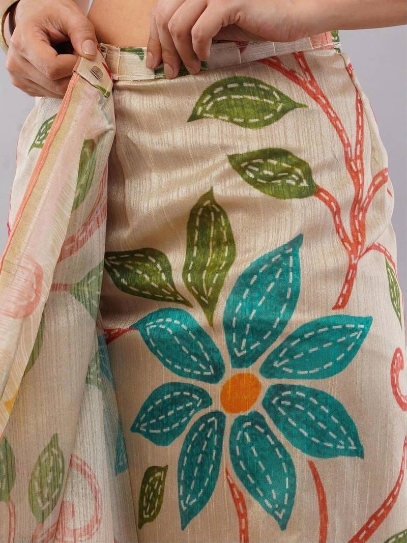Cream silk blend printed saree with blouse
