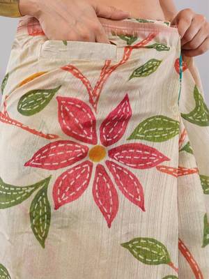 Cream silk blend printed saree with blouse 5