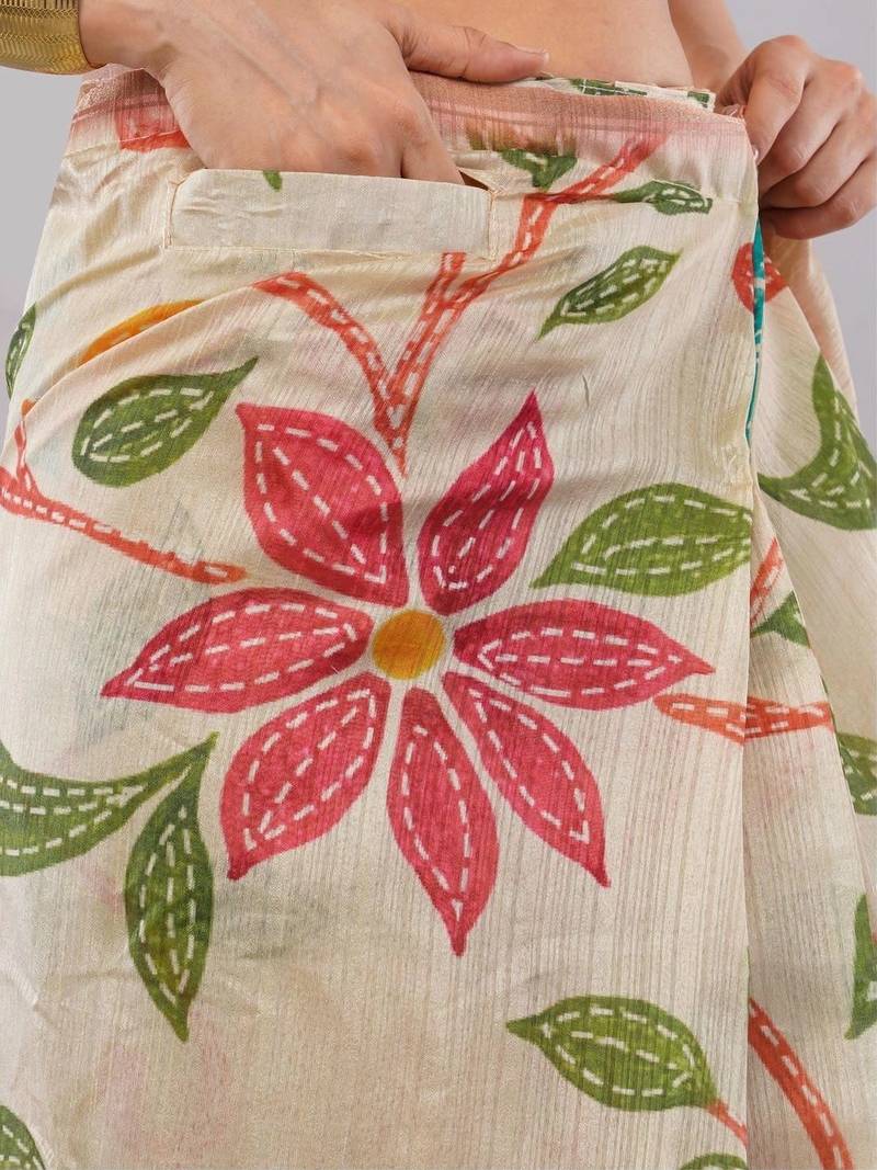 Cream silk blend printed saree with blouse