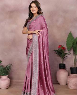 Purple silk blend embroidered saree with blouse 1