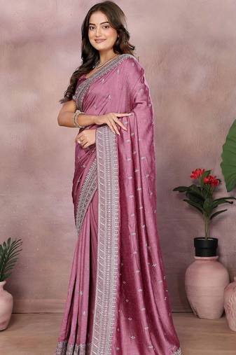 Purple silk blend embroidered saree with blouse