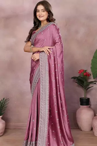 Purple silk blend embroidered saree with blouse