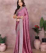 Purple silk blend embroidered saree with blouse