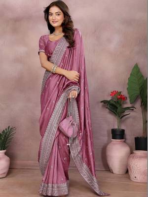 Purple silk blend embroidered saree with blouse 3