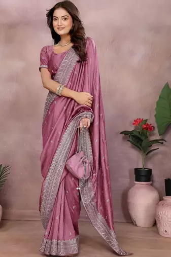 Purple silk blend embroidered saree with blouse