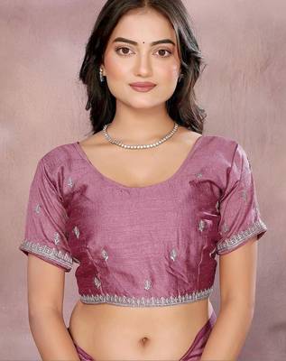 Purple silk blend embroidered saree with blouse 5