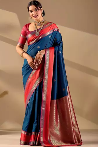 Blue silk blend woven design saree with blouse