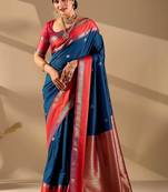 Blue silk blend woven design saree with blouse