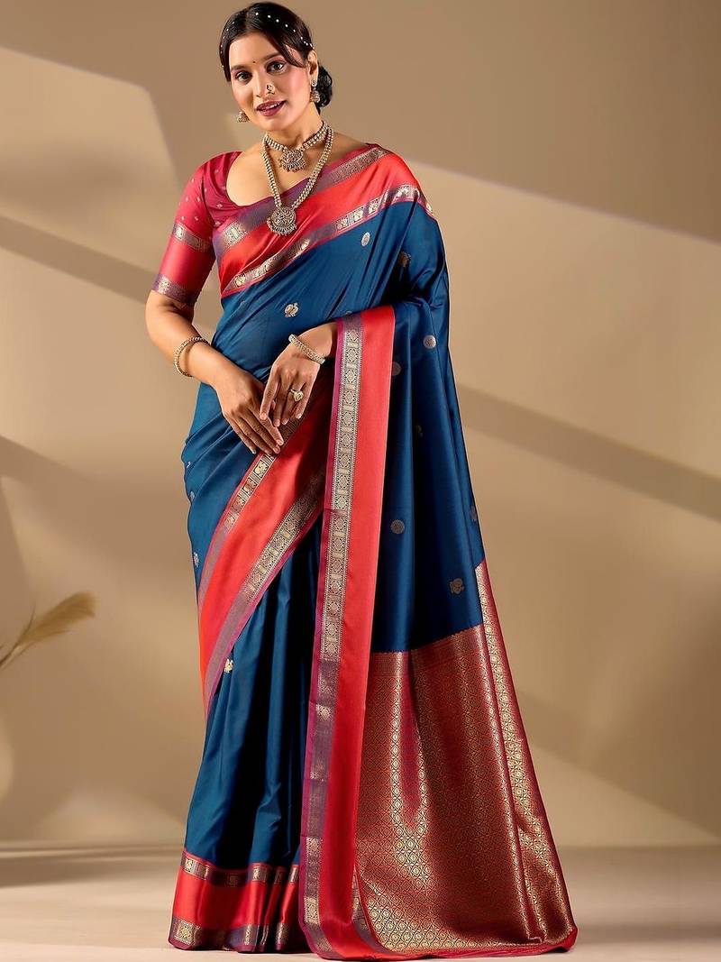 Blue silk blend woven design saree with blouse