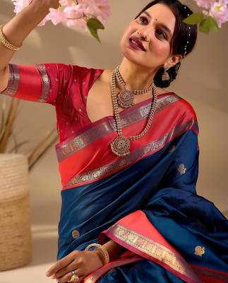 Blue silk blend woven design saree with blouse 2
