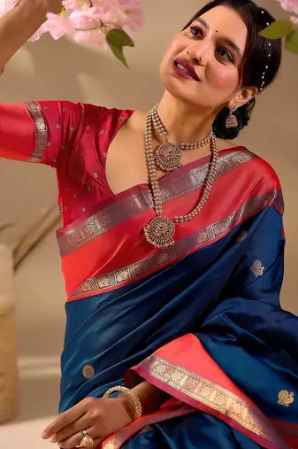 Blue silk blend woven design saree with blouse