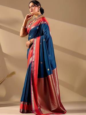 Blue silk blend woven design saree with blouse 3