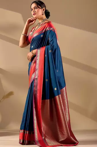 Blue silk blend woven design saree with blouse