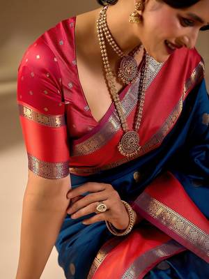 Blue silk blend woven design saree with blouse 4