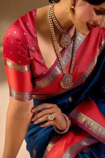 Blue silk blend woven design saree with blouse