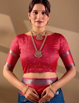 Blue silk blend woven design saree with blouse 5
