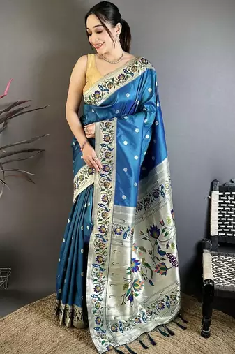 Blue silk blend woven design saree with blouse