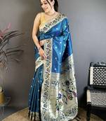Blue silk blend woven design saree with blouse