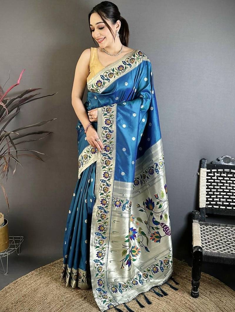 Blue silk blend woven design saree with blouse