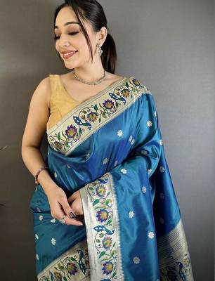 Blue silk blend woven design saree with blouse 2