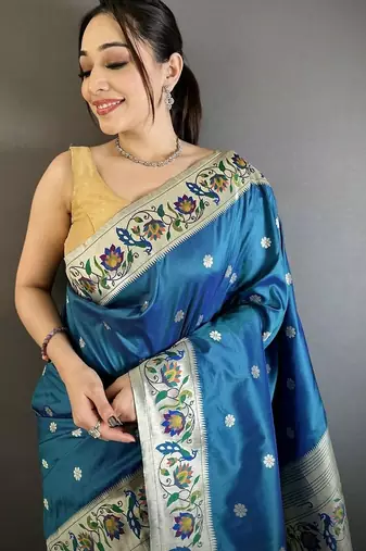 Blue silk blend woven design saree with blouse