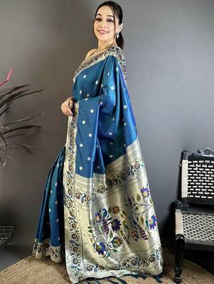 Blue silk blend woven design saree with blouse 3