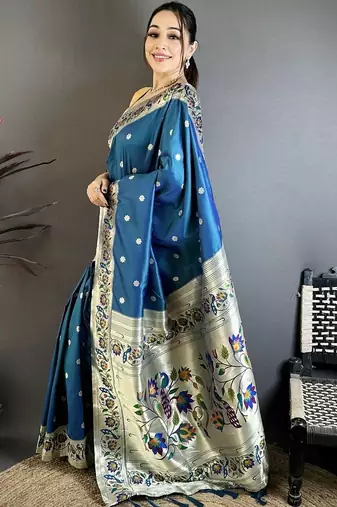 Blue silk blend woven design saree with blouse