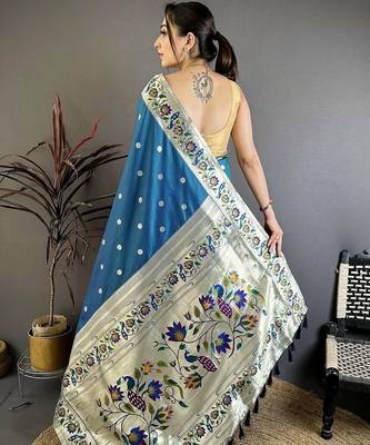 Blue silk blend woven design saree with blouse 4