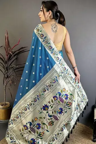 Blue silk blend woven design saree with blouse