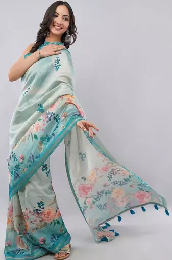 Green silk blend printed saree with blouse