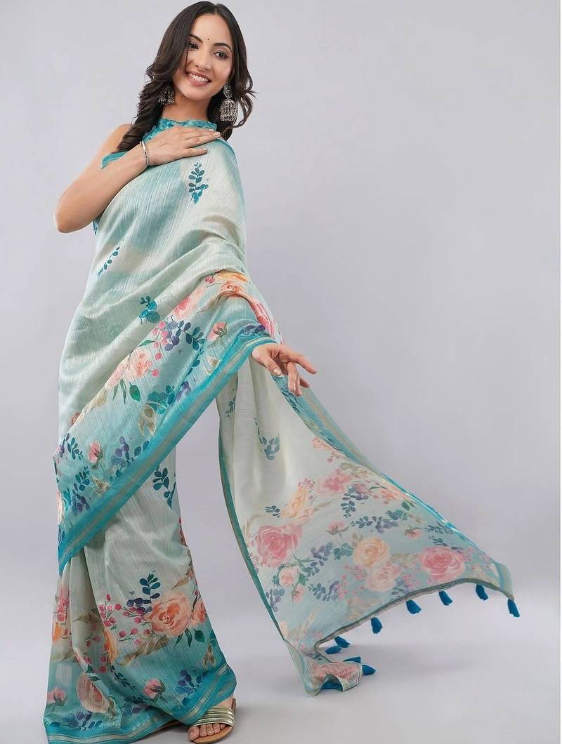 Green silk blend printed saree with blouse