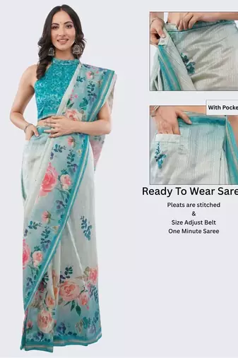Green silk blend printed saree with blouse