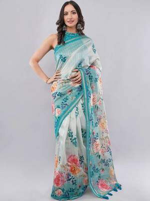 Green silk blend printed saree with blouse 3