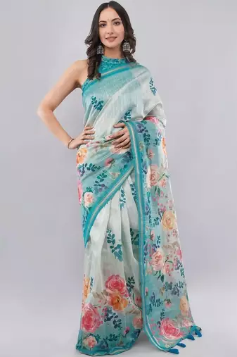 Green silk blend printed saree with blouse