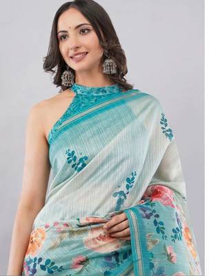 Green silk blend printed saree with blouse 4