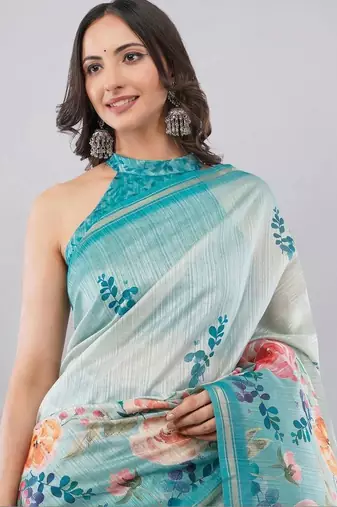 Green silk blend printed saree with blouse