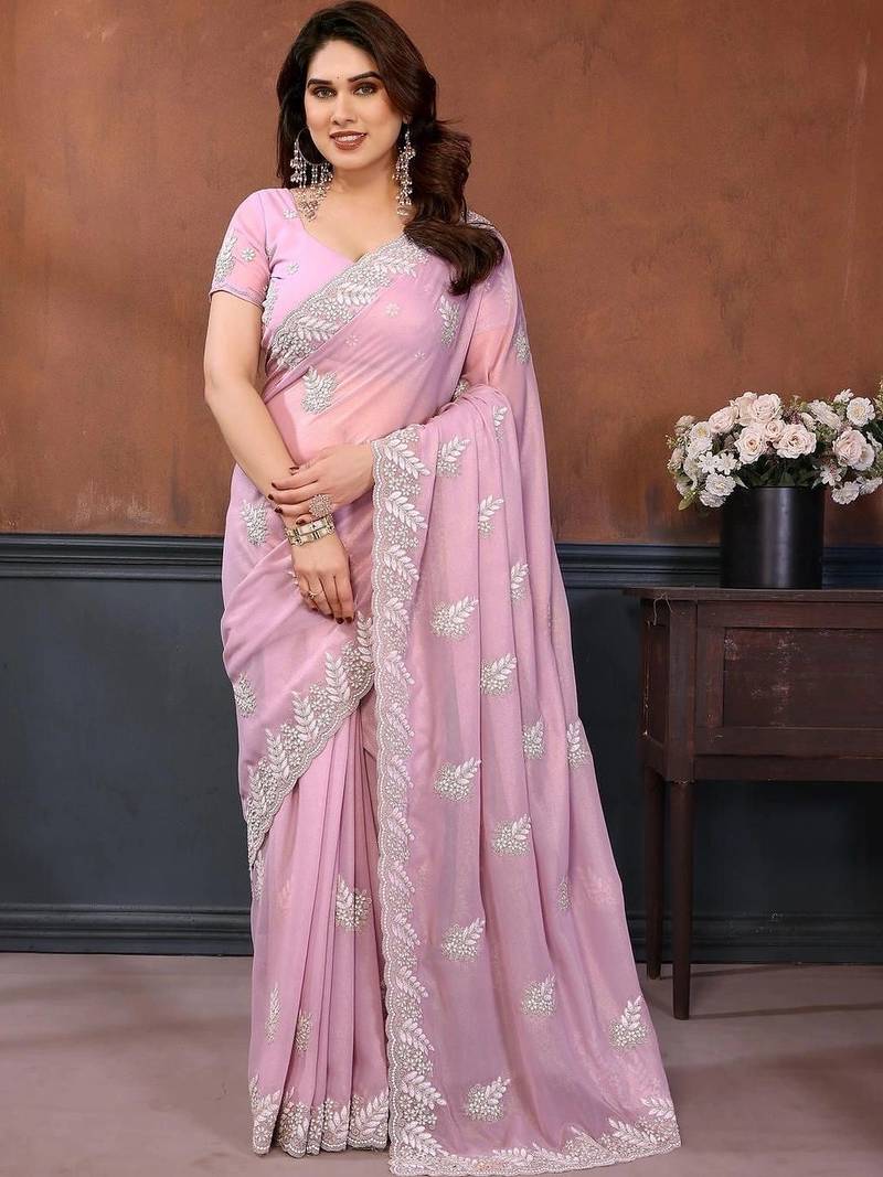 Pink georgette embroidered saree with blouse