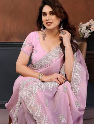 Pink georgette embroidered saree with blouse 2