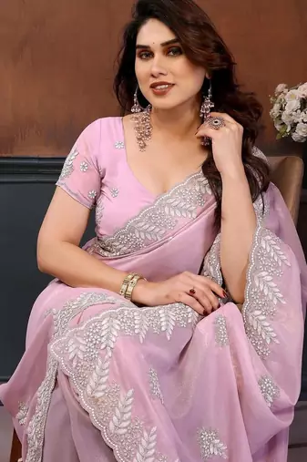 Pink georgette embroidered saree with blouse