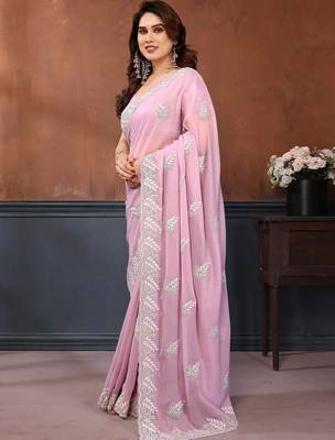 Pink georgette embroidered saree with blouse 3