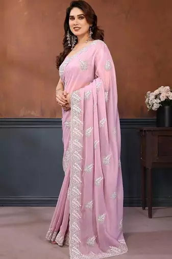 Pink georgette embroidered saree with blouse