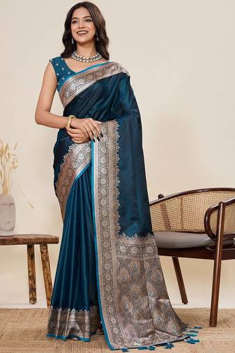 Teal silk blend woven design saree with blouse