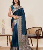 Teal silk blend woven design saree with blouse