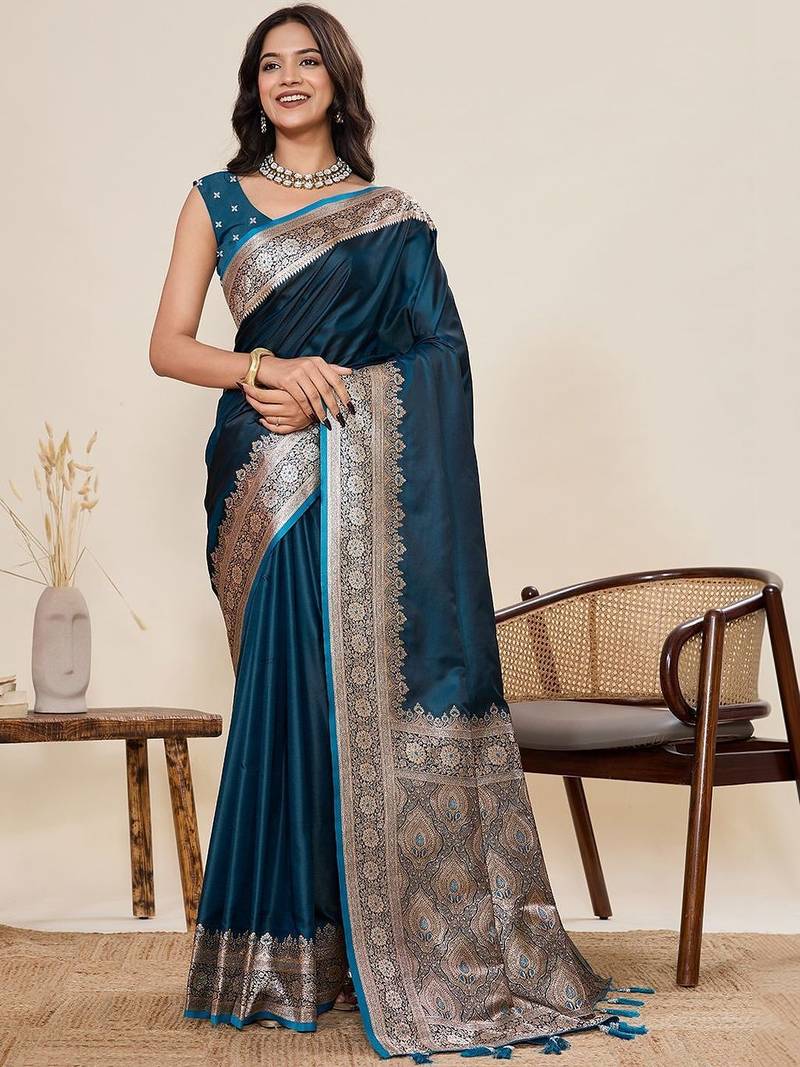 Teal silk blend woven design saree with blouse
