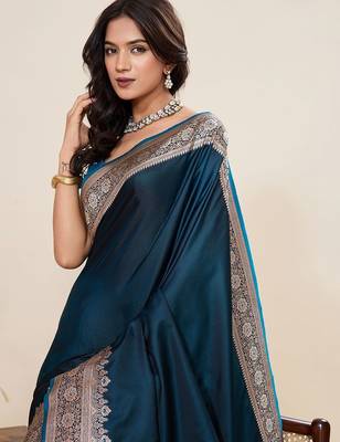 Teal silk blend woven design saree with blouse 2