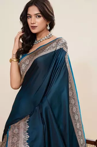 Teal silk blend woven design saree with blouse